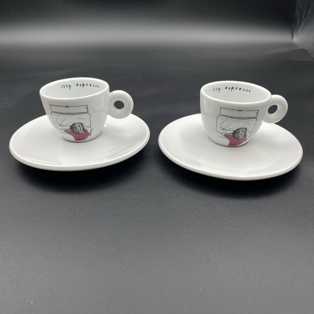 Illy Espresso Cup Saucer Set 2 White Art Design Porcelain Italy